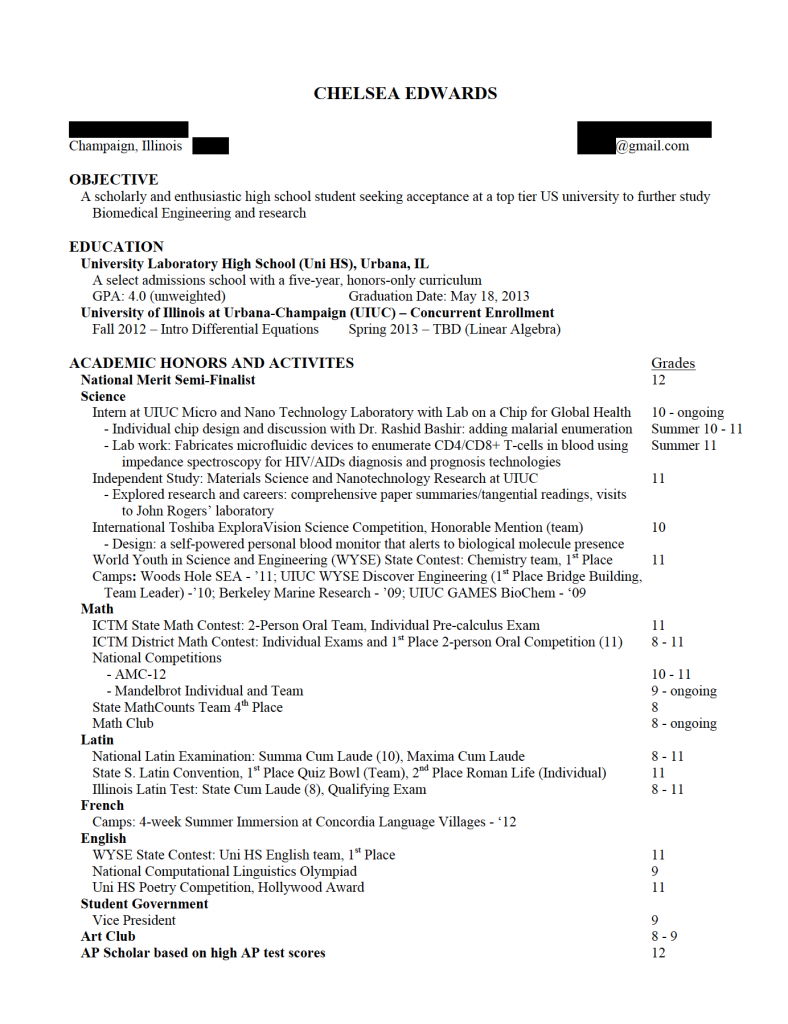 example of a college application resume