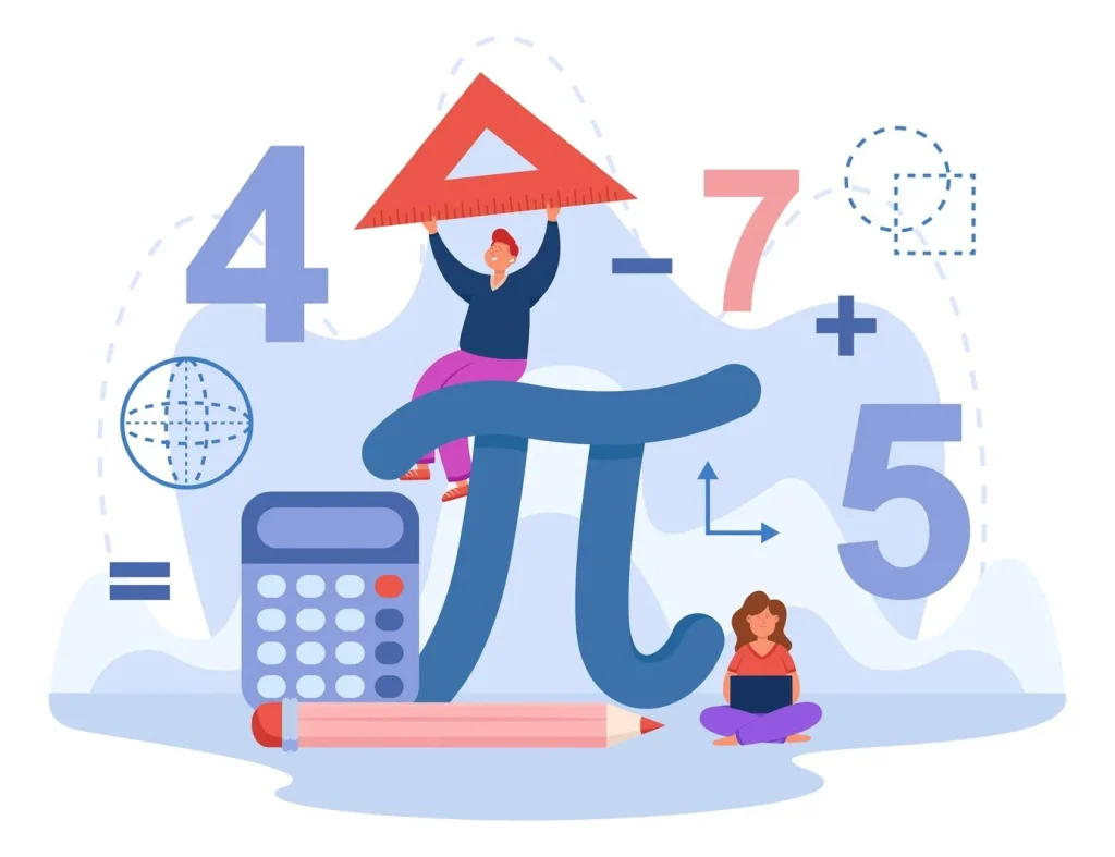 tiny students with huge sign pi flat vector illustration boy girl studying math algebra school college holding ruler using laptop geometric figures background education concept 74855 23227